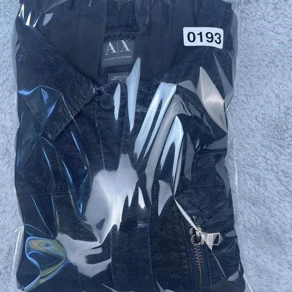 Armani Exchange Jacket Mens Large Black Denim Hooded Mixed Media Zip Snap Hybrid - Picture 8 of 8